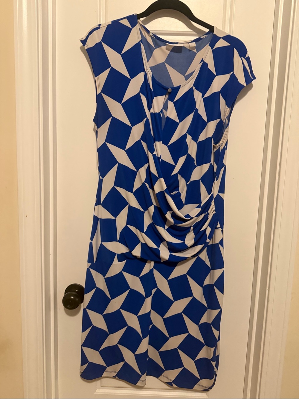 New York & Company Royal Blue and White Geometric Drape Midi Dress